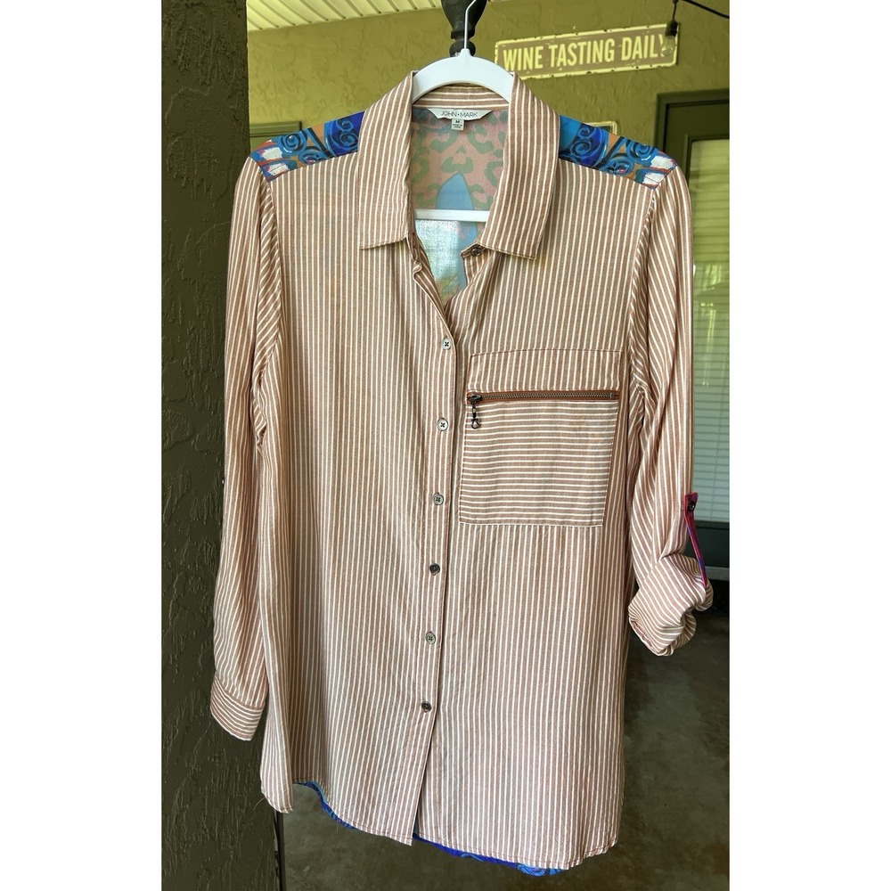 John Mark Striped Abstract Print Long Sleeve Button Down Tunic Top Size M